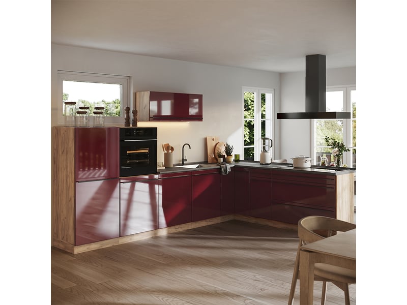  Vicco cuisine en angle, rouge brillantchêne doré, 327 x cm sans plan de travail  - Conforama C