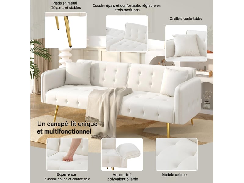  Canapé convertible 2 places en velours blanc antique WF306852853B - Conforama D
