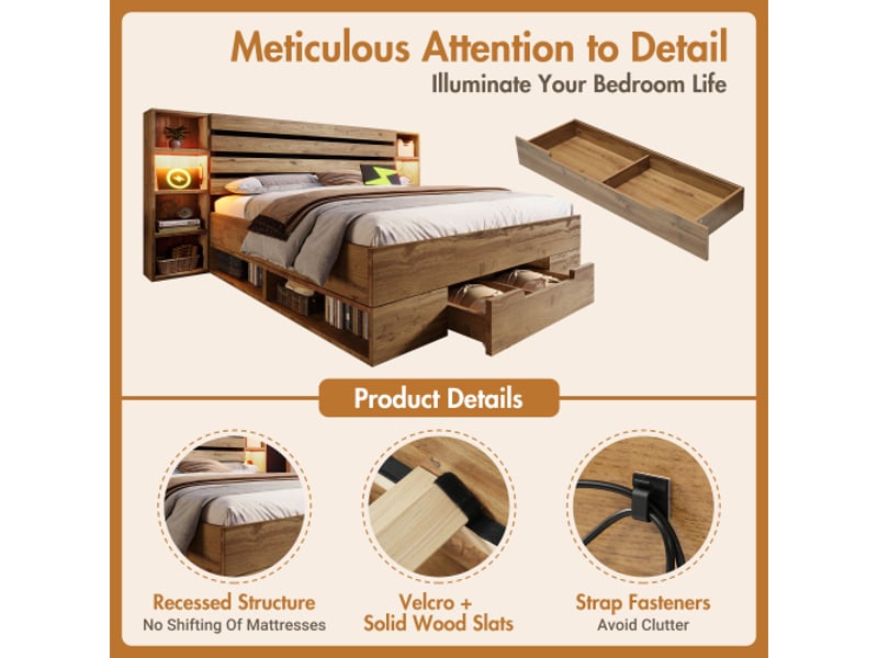  Lit double en bois massif 180x200 avec rangement et éclairage led, tête de lit avec espaces de rangement et port usb-c, tiroirs, sommier à lattes en bois, chêne (sans matelas)  - Conforama E