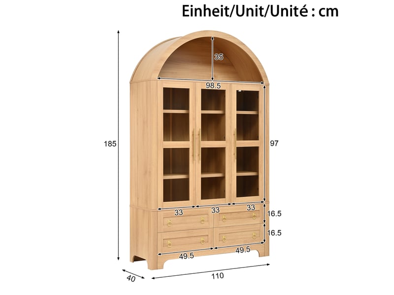 Buffet haut 110x40x185 cm naturel en mdf et panneaux de particules, 3 portes vitrées, 4 tiroirs et niche ouverte en arc - Conforama C