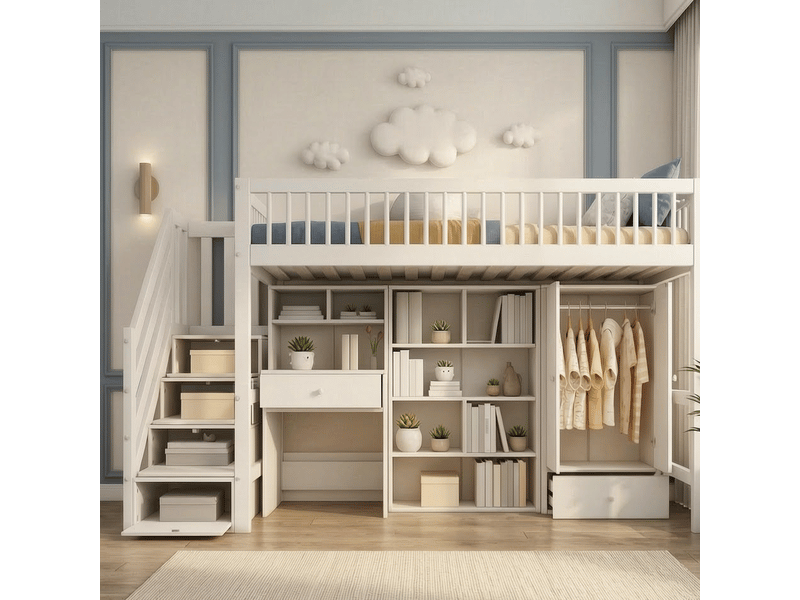  Lit enfant 90 x 200 cm, cadre de lit avec rangement, tiroirs de rangement, placard intégré, bureau intégré, échelle, bois massif, blanc Morn Vibe - Conforama B