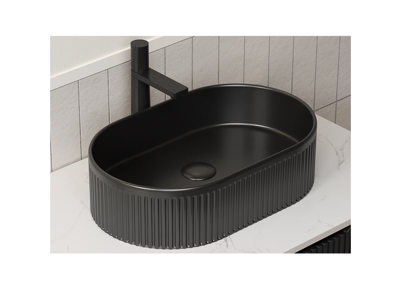  Lavabo en céramique noire avec motif à rayures et perçage pour robinet, pour salle de bain, 61×43×25 cm  - Conforama C