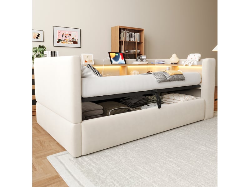  Lit coffre, 90x190 cm, solution de rangement hydraulique, sommier à lattes, led, espaces de rangement, coloris beige  - Conforama D