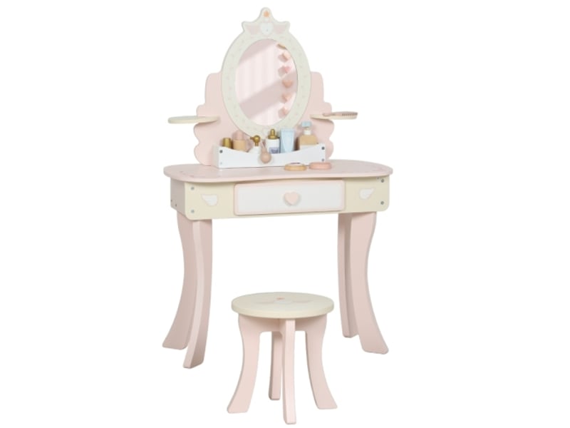 Coiffeuse enfant 2 en 1 rose, avec chaise, tiroir, miroir amovible et 7 accessoires, mdf - Conforama A