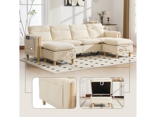 Canapé d'angle, canapé modulable, 4 places, en chenille, beige, adapté à l'espace de vie, pour salon