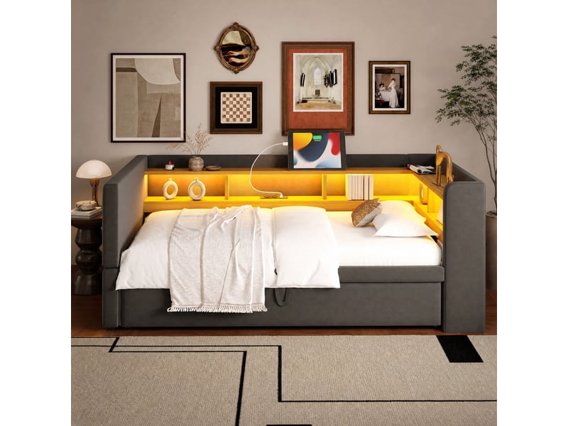  Canapé-lit extensible 90180 x 190 cm gris foncé avec led, prises et étagères  - Conforama B
