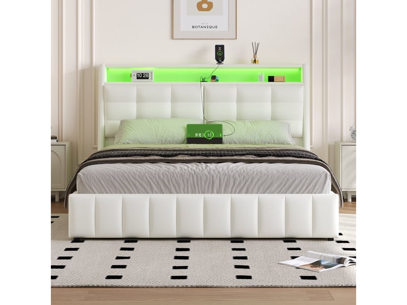  Lit double 160x200 cm - lit adulte avec rangement sous le lit et tête de lit réglable - blanc  - Conforama D