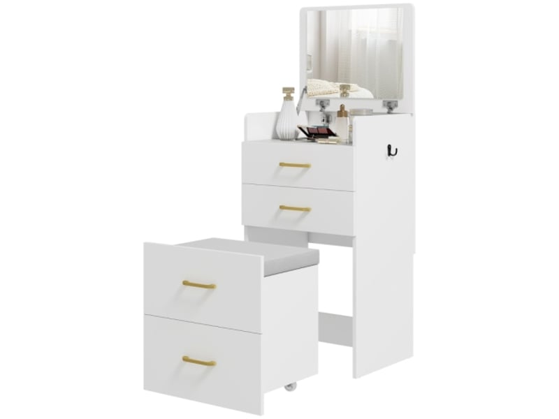  Coiffeuse 3-en-1 avec miroir, tabouret à roulettes et tiroirs, blanc  - Conforama A