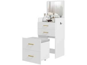 Coiffeuse 3-en-1 avec miroir, tabouret à roulettes et tiroirs, blanc