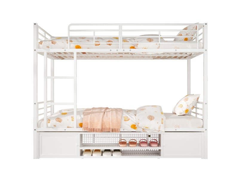  Modenvie lit superposé 90x200 cm - structure en métal, rangement chaussures, sans matelas - blanc  - Conforama A