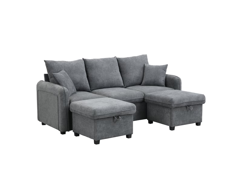 Canapé d’angle modulable en u 3 places avec 2 tiroirs, 2 poufs coffres et fonction couchage, structure métal et bois, velours côtelé,gris - Conforama A