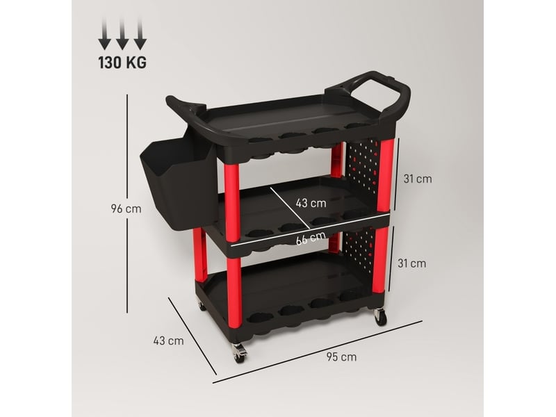  Chariot à outils 3 niveaux 95 x 43 x 96 cm noir et rouge en polypropylène avec panneaux perforés  - Conforama C
