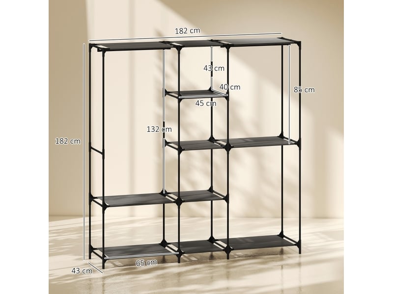 Armoire textile ouverte noire 182 x 43 x 182 cm avec 3 tringles et 5 étagères, montage sans outil pratique  - Conforama C