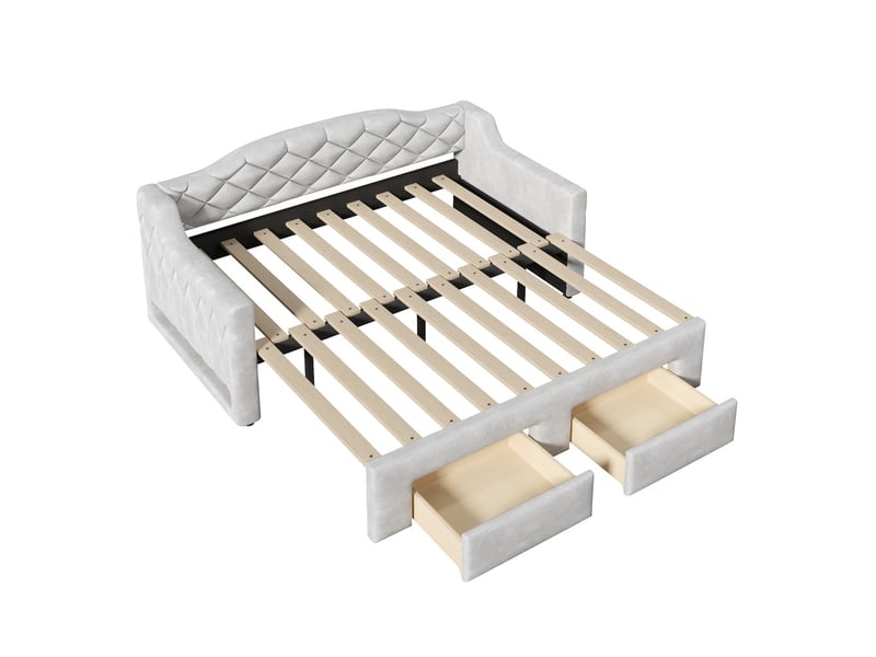  Lit banquette rembourré extensible 90x200 à 180x200 cm gris 2 tiroirs led  - Conforama A