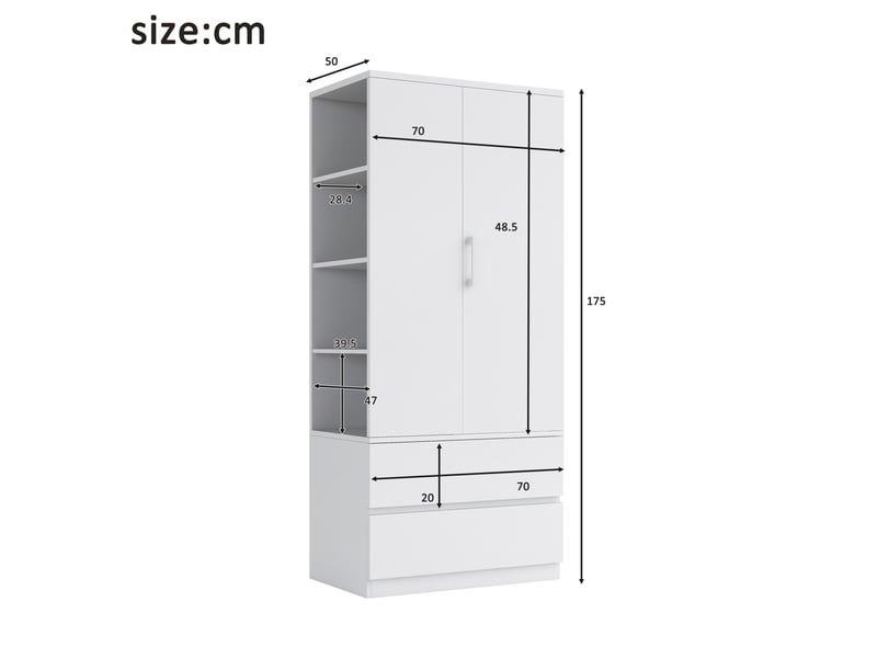  Armoire penderie 70x50x175 cm, 2 portes, 2 tiroirs, 4 niches ouvertes, bois, métal, mdf, blanc et coloris bois  - Conforama C
