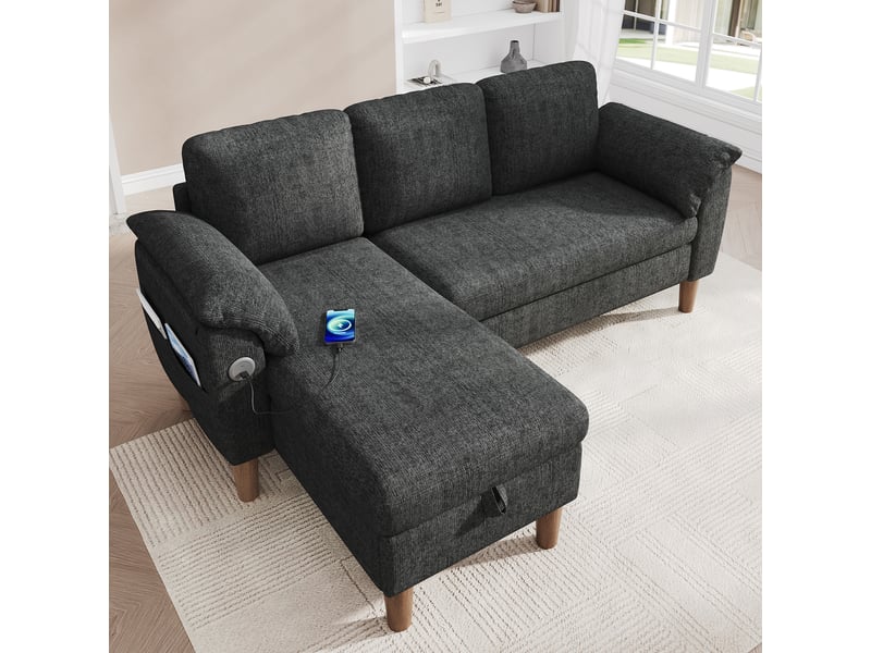 Canapé d'angle 3 places réversible en tissu chenille gris foncé, méridienne avec coffre de rangement, ports usb pour salon moderne - Conforama B