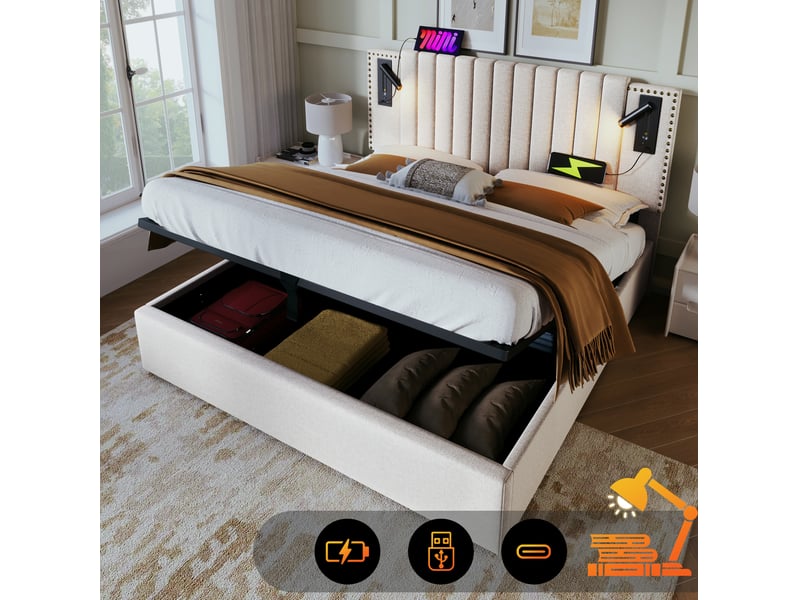  Lit coffre 160 × 200 cm 2 places avec led, 2 usb, 2 type-c et lampe de lecture, matelas inclus, beige  - Conforama C