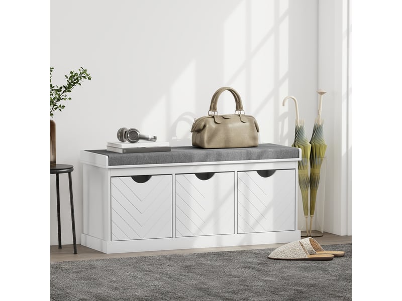 Banc chaussures entrée, banc de rangement avec 3 tiroirs amovibles et coussin rembourré en tissu aspect lin, blanc  - Conforama C