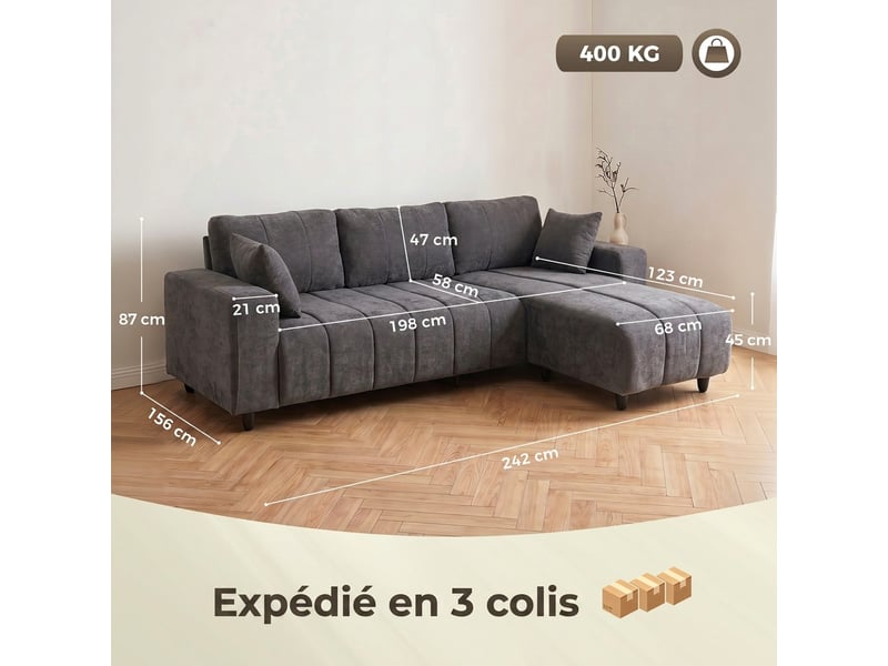  Canapé d'angle modulable 242 cm, canapé 4 places en l avec méridienne réversible, tissu aspect lin, 2 oreillers, gris  - Conforama C