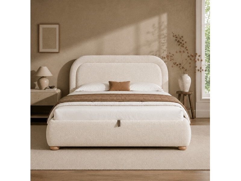  Lit coffre 2 places 140x200 cm avec sommier à lattes bouclé beige  - Conforama D