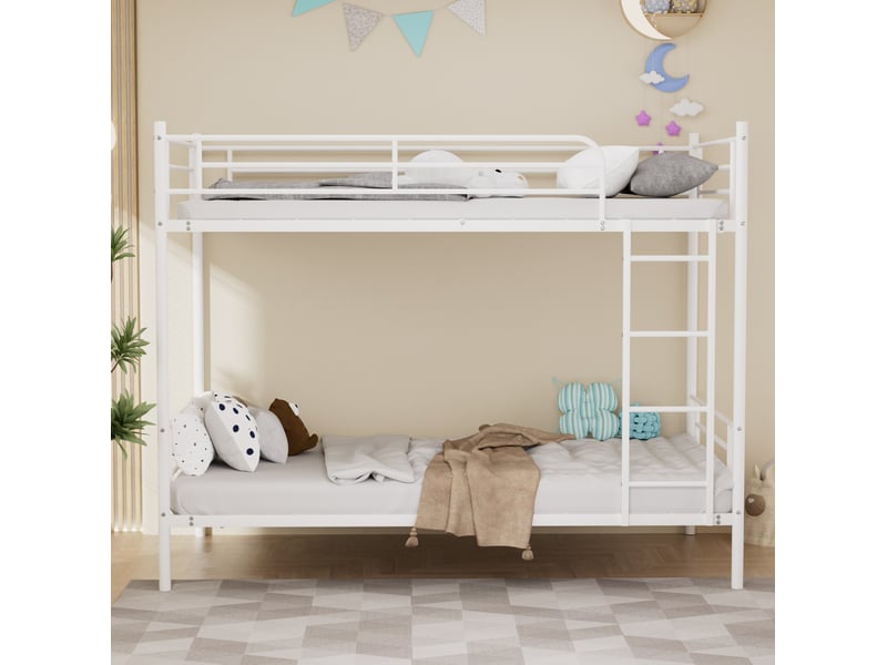  Lit superposé enfant 90x190 cm en acier blanc avec échelle et garde-corps, idéal pour deux enfants, sans matelas  - Conforama B