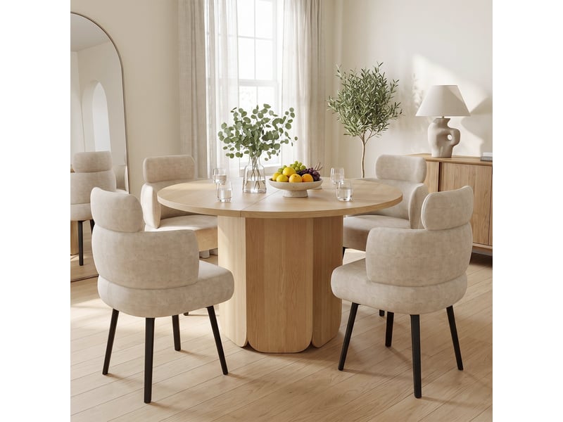  Ensemble table ronde 120 cm + 4 chaises pivotantes 360° avec accoudoirs, chenille blanc crème, coloris chêne, style scandinave, 4-6 personnes  - Conforama D