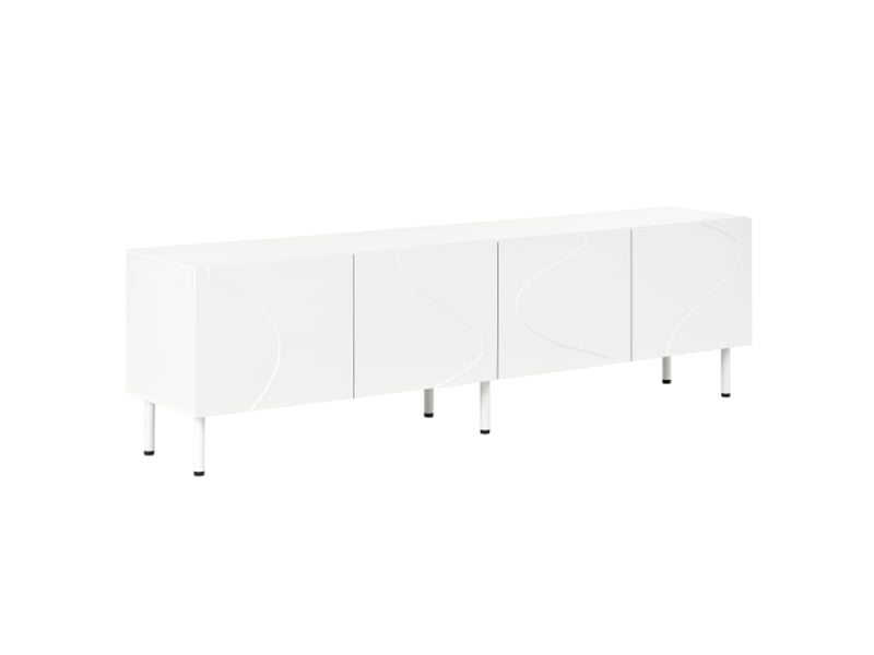  Meuble tv moderne lowboard salon 4 portes push-to-open, lignes 3d et courbes, pb et mdf, pieds cylindriques métalliques  - Conforama A