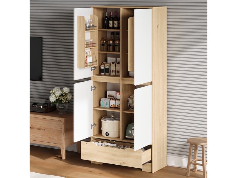  Buffet haut 80x35x180 cm blanc avec grand tiroir, rangements de porte et étagères réglables Fay Lum - Conforama B
