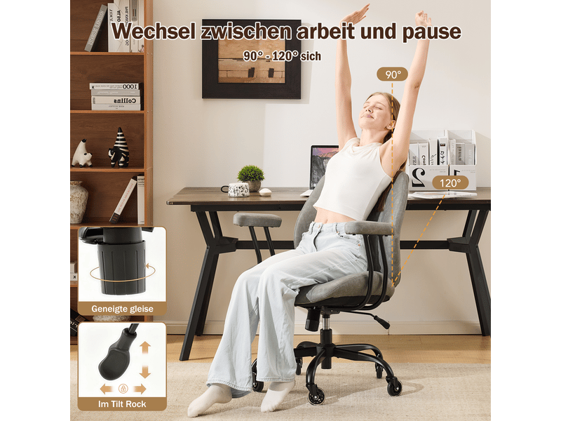 Chaise de bureau ergonomique avec soutien lombaire, hauteur réglable, dossier inclinable et accoudoirs en cuir gris - Conforama C