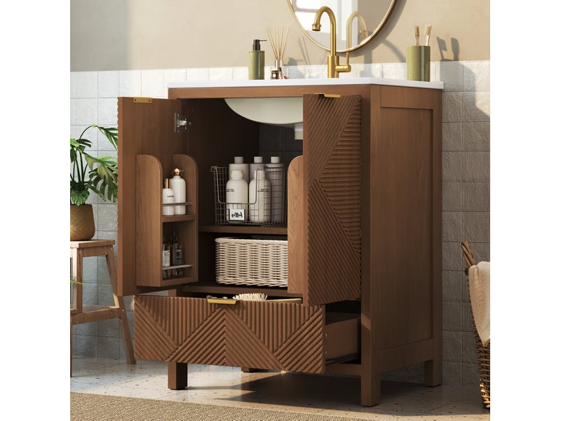 Meuble sous-vasque 61x47x87 cm – marron noyer – vasque céramique et rangement intégré, sans robinetterie - Conforama B