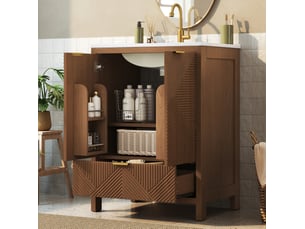 Meuble sous-vasque 61x47x87 cm – marron noyer – vasque céramique et rangement intégré, sans robinetterie