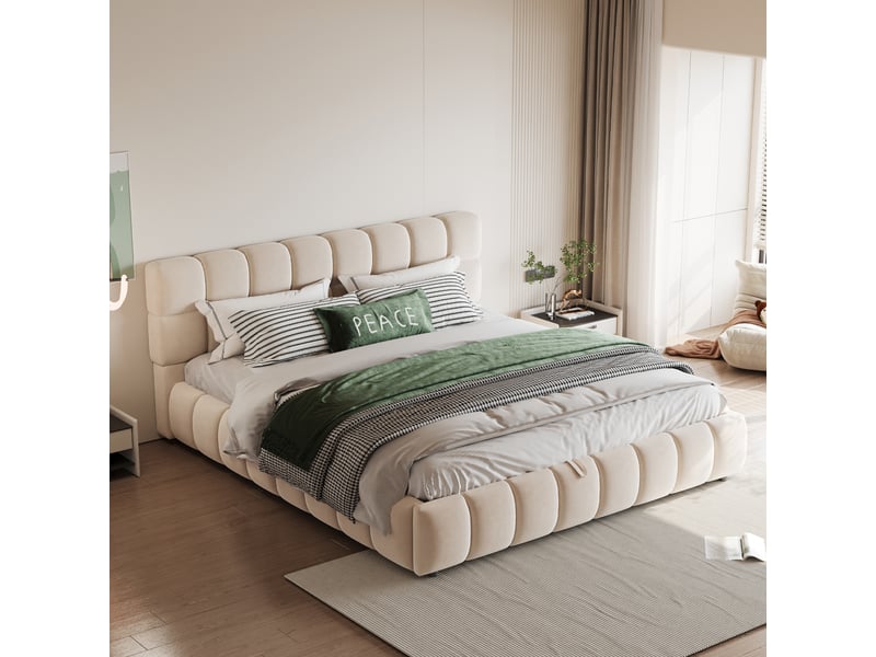 Lit coffre rembourré 140 × 190 cm en velours avec rangement hydraulique, tête de lit capitonnée - beige - Conforama B