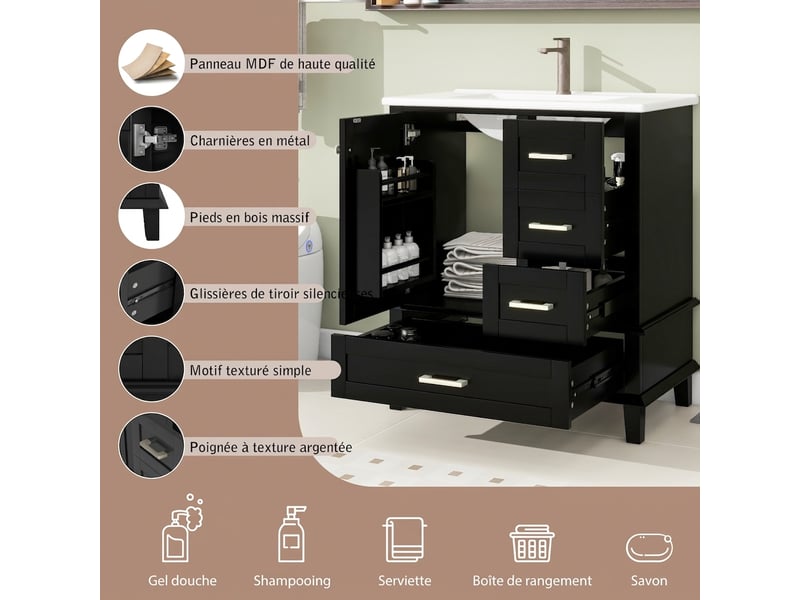  Meuble vasque noir 76 cm avec vasque en céramique intégrée, 3 tiroirs et 1 porte  - Conforama E