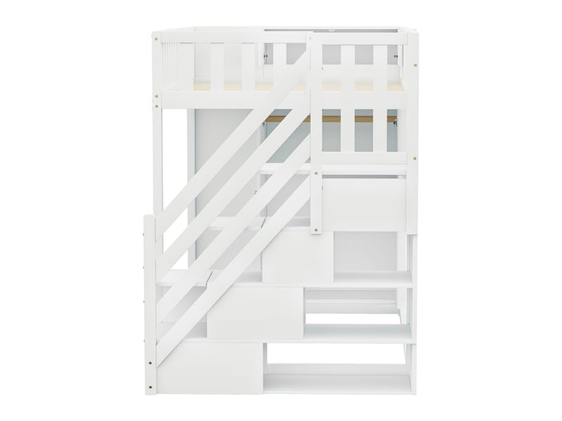  Lit mezzanine 90x200 cm en bois blanc, grande armoire, étagères et échelle avec rangements  - Conforama E