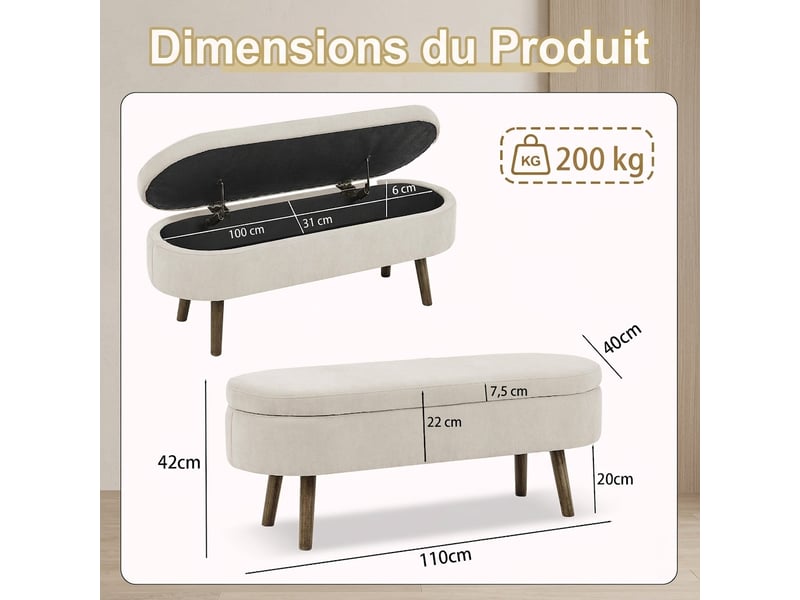  Banc de rangement beige 110 cm en tissu chenille avec coffre et pieds en bois  - Conforama C