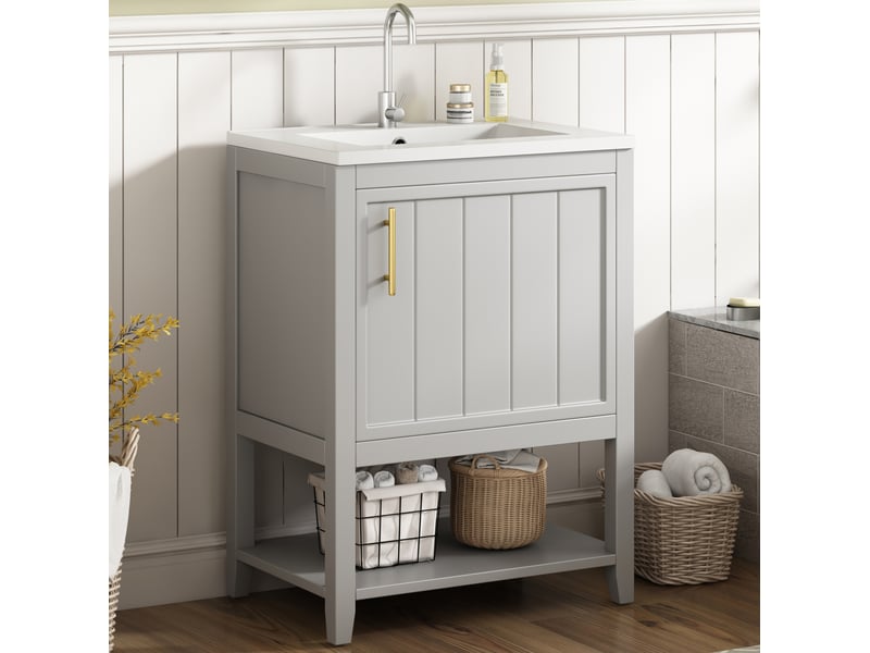 Meuble salle de bain rangement sur pied avec vasque ceramique mdf gris 2 colis homvra - Conforama C