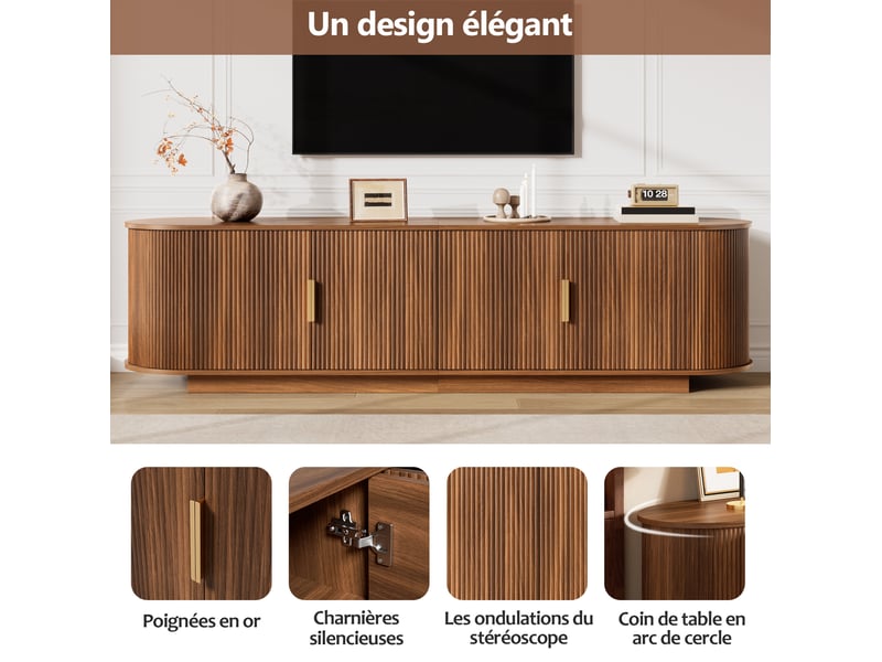  Meuble tv bas en noyer, avec quatre portes, structure ondulée, poignées métalliques, grand espace de rangement  - Conforama D