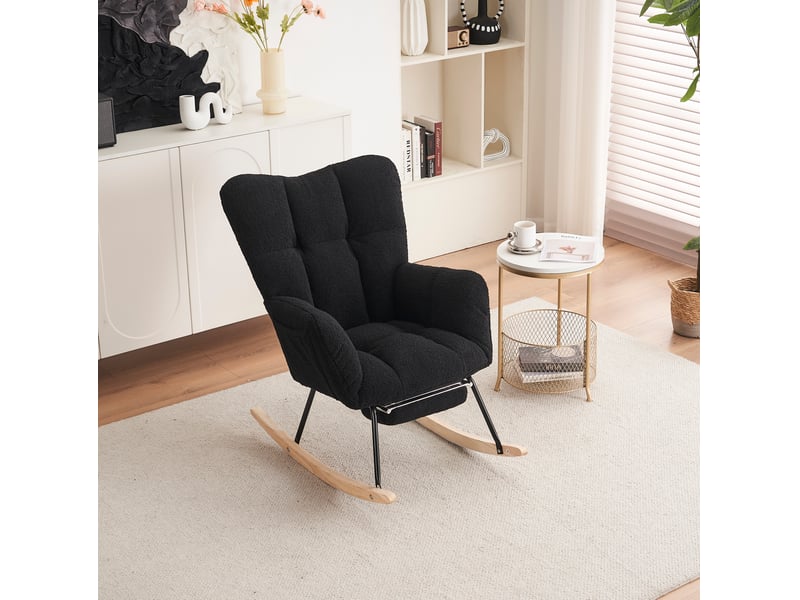  Rocking-chair avec repose-pieds pliable, dossier haut tufté et accoudoirs épais en tissu teddy noir  - Conforama C