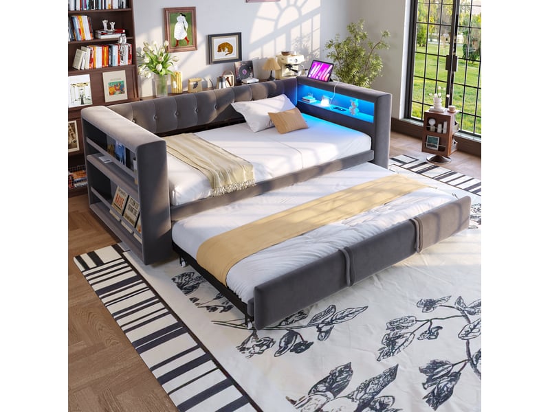  Lit double 180x190 cm convertible avec led et rangement en flanelle gris foncé  - Conforama B