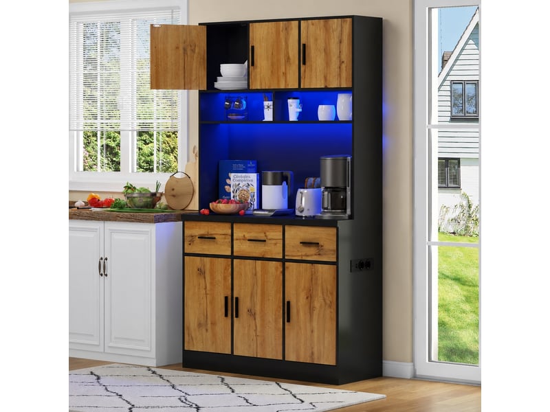 Buffet de cuisine avec éclairage led multicolore contrôlé par application, 100 x 40 x 180, noir et bois naturel - Conforama B