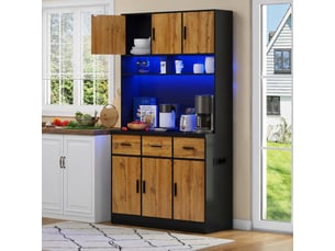 Buffet de cuisine avec éclairage led multicolore contrôlé par application, 100 x 40 x 180, noir et bois naturel