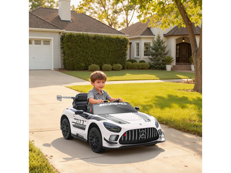  Voiture électrique mercedes pour enfants, batterie 12v, phares led, fonction musicale, klaxon, 3-8 ans, blanche  - Conforama D