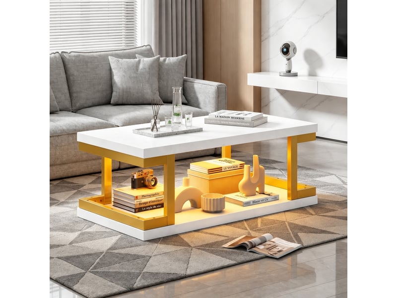 Table basse led blanche et dorée, rectangulaire 100 x 50 x 37,5 cm, rangement ouvert - Conforama D