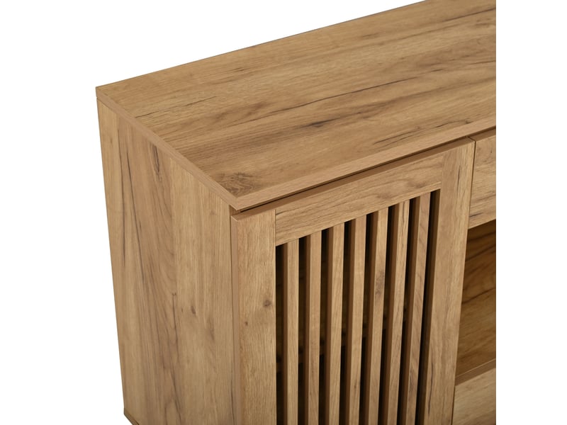  Buffet 140 x 35 x 71 cm avec 4 tiroirs et 2 portes à lames, mdf et pieds en bois, coloris bois naturel  - Conforama E