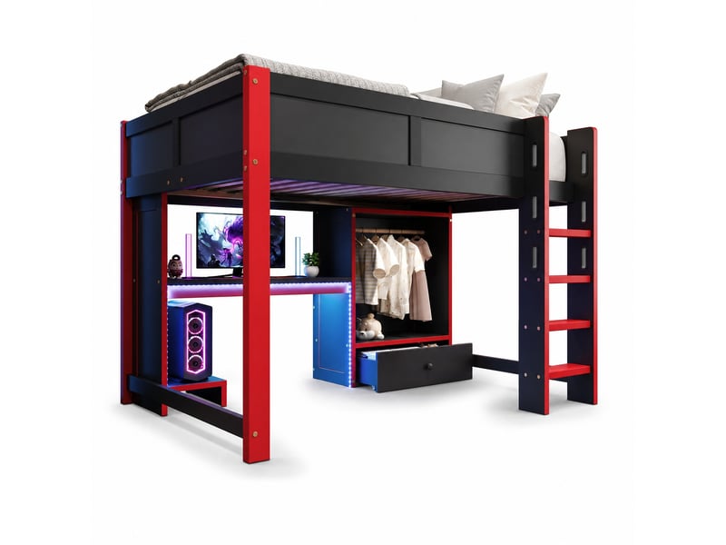  Lit mezzanine 2 places 140×200 cm avec bureau, armoire et led - okmyhome- noir et rouge, sans matelas  - Conforama A