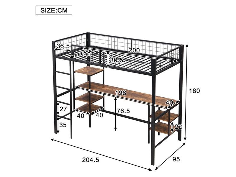 Lit mezzanine 90 × 200 cm avec bureau, étagères et échelle 4 marches, noirbois foncé IKSETERA TRADING LTD - Conforama C