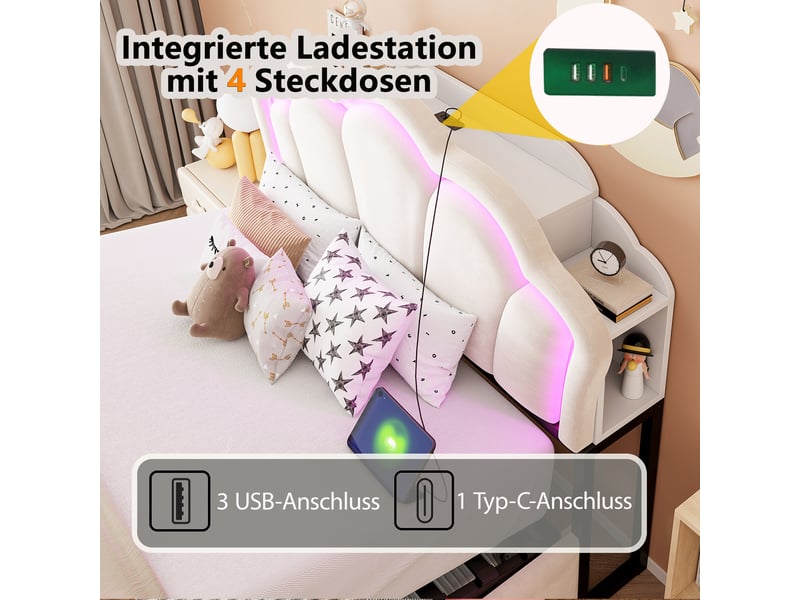  Lit coffre 140x200 cm - lit double rembourré avec coffre hydraulique, tête de lit avec rangements, led et prises - velours beige  - Conforama E