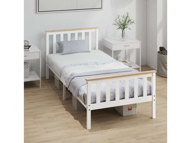  Cadre de lit simple en bois blanc et bois naturel, 90x200 cm, avec rangement sous le lit  - Conforama D