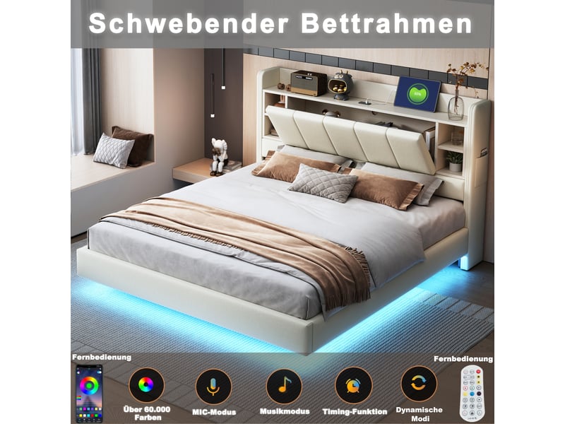  Lit capitonné double 140 x 200 cm avec usb, led et tête de lit réversible, lin, beige, rangements  - Conforama C