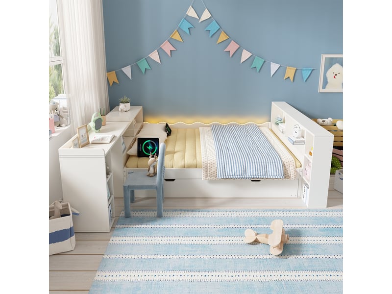 Lit gigogne 140x200 cm avec couchage d’appoint 90x190 cm, bureau coulissant, rangements, led et prises intégrées, bois, pour chambre - blanc - Conforama E
